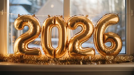 New Year 2026 Gold Foil Balloon Scene with Tinsel and Snowy Winter Background