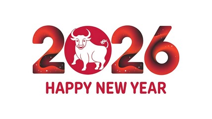 New Year 2026 Graphic with Red Numbers Featuring Zodiac Ox and Festive Typography