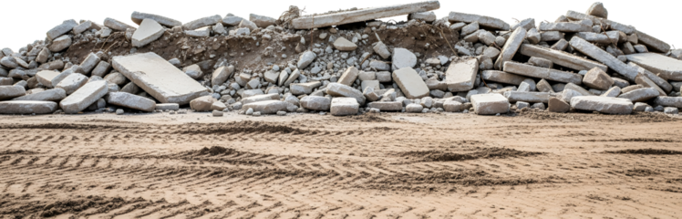 A large pile of broken concrete slabs and rocks sits on sandy ground with tire tracks rubble debris construction demolition