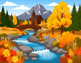 Colorful autumn landscape with bridge, river, and mountain backdrop