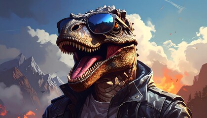 A cool Tyrannosaurus Rex sporting sunglasses and a leather jacket against a fiery mountainous backdrop