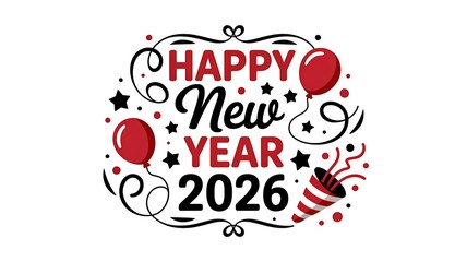 New Year 2026 Celebration Graphic with Bold Typography and Festive Party Elements