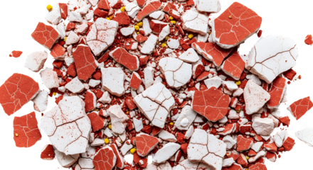 Pile of shattered red and white ceramic pieces with small yellow spheres scattered among debris broken fragments textured