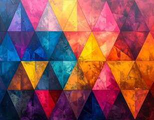 Geometric art featuring triangular patterns with textured layers of vibrant colorful paint