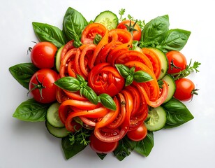 Beautiful tomato cucumber bouquet arranged with fresh greens high resolution photo