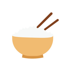 Bowl with rice and chopsticks flat vector illustration, Asian food icon isolated on white background, perfect for web, apps, stickers, menus, banners, and UI design.