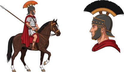 Ancient Roman soldier illustration with cavalry rider and helmet portrait, detailed historical warrior vector for military history, empire and classical design projects