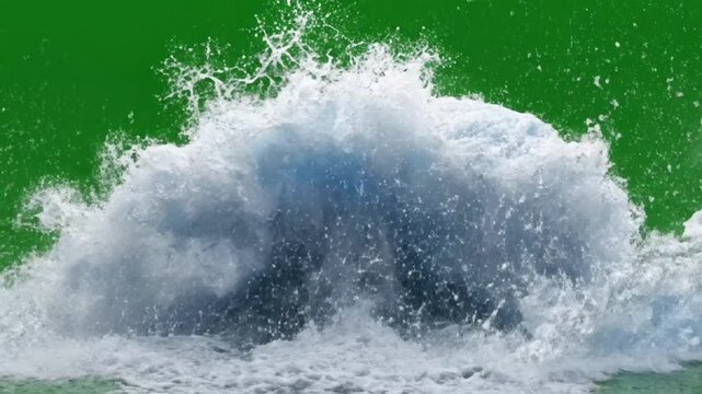 Water wave impact bursting forward slow motion explosion style green screen background.