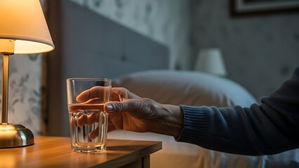 Elderly Hand Reaching For Water Glass At Night