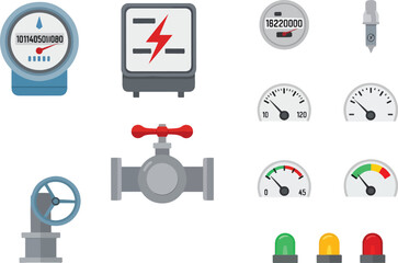 Collection of utility meters gauges valves and indicator lights