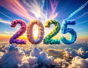 Colorful digits shaped as clouds float in a vibrant sky