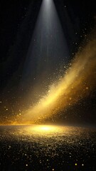 A cosmic stage illuminated by a celestial spotlight, creating an ethereal scene with golden particles floating in the dark