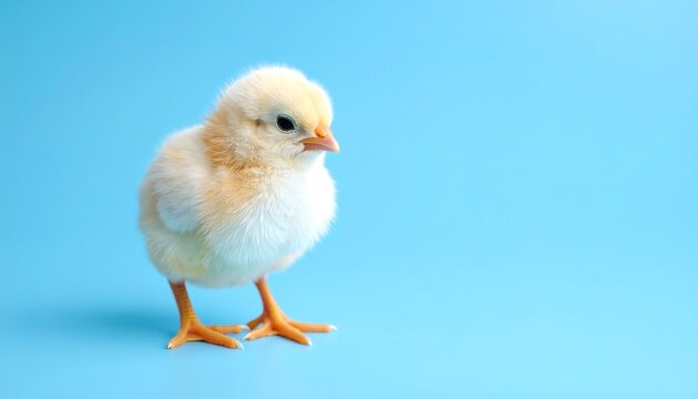 A fluffy yellow chick stands facing left on a bright blue background. It's a studio shot, showcasing the bird's soft feathers