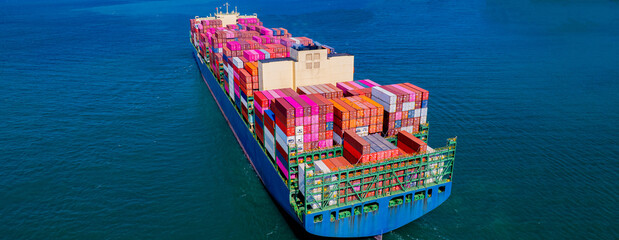 container ship, fully loaded with goods, sails out to sea, delivering products to various locations