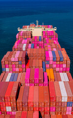 container ship, fully loaded with goods, sails out to sea, delivering products to various locations
