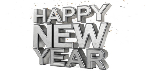 Wishing you a happy new year with sparkling silver 3d text and festive confetti