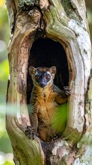 Obraz premium A curious lemur peers out from a tree cavity, with brown and gray fur, surrounded by natural wood and green foliage
