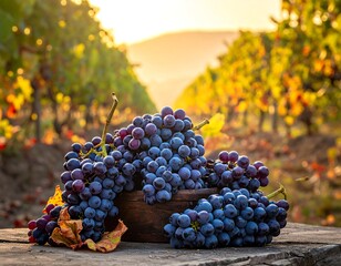 Close-up of ripe grapes in wooden bowl with vineyard in the background