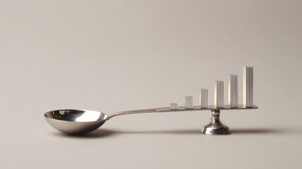 business strategy stainless ladle balancing miniature bar chart, metaphor for stable growth