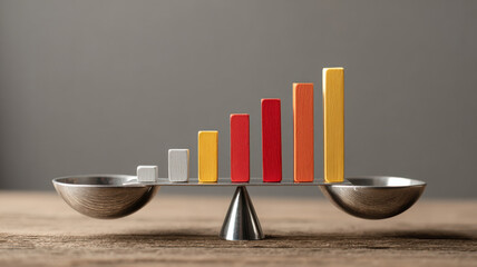 business strategy stainless ladle balancing miniature bar chart, metaphor for stable growth