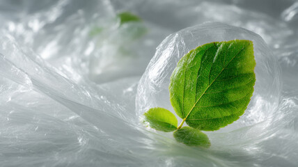 Carbon Cut single green leaf trapped inside transparent bubble wrap, metaphor for fragile environment