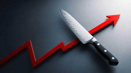 competitive edge chef knife aligned with upward red arrow, sharp business strategy metaphor