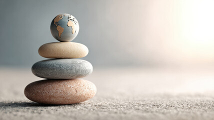 Earth Balance pebble stack topped with a small globe icon, calm symbolism