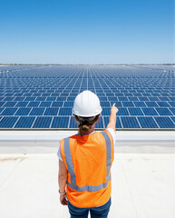 Female solar engineer pointing at vast photovoltaic panel installation on commercial rooftop, renewable energy expansion concept