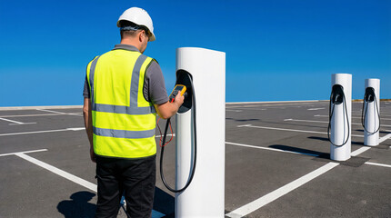 Rear view of technician servicing electric car charging stations in empty parking lot, clean energy transportation infrastructure