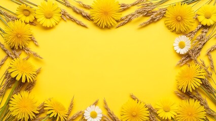 Obraz premium Floral arrangement of dandelions and wheat on vibrant yellow backdrop
