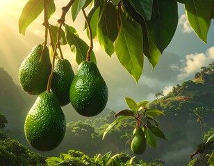 Close-up of ripe green fruit hanging from branches, sunlight beaming down