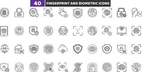 Fingerprint and Biometric Security Icons Set, Digital Identity Scan and Access Control Vector Collection