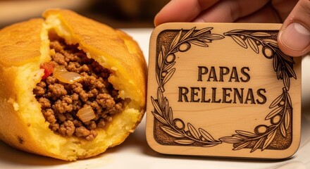 Papas Rellenas with Visible Filling – Hand-Carved Roble Wood Plaque, Potato Leaf & Olive Branch Motifs, Homely Satisfying Light