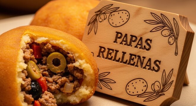 Papas Rellenas with Visible Filling &ndash; Hand-Carved Roble Wood Plaque, Potato Leaf & Olive Branch Motifs, Homely Satisfying Light