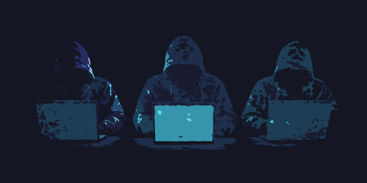 Three hooded figures working on laptops in a darkened digital environment