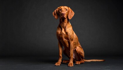 A focused, ginger-colored canine sits gracefully, posed against a dark gray backdrop. Its ears perk up