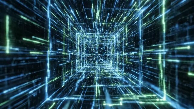 Digital cube tunnel illuminated by glowing lines