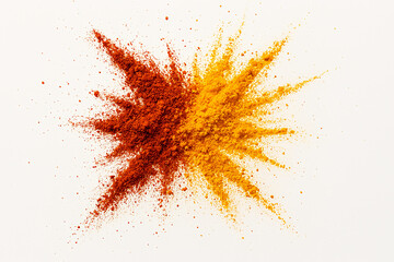 Vibrant Red and Yellow Spice Powder Explosion on White Background