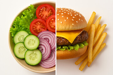 Healthy Salad Bowl vs Unhealthy Fast Food Burger and Fries