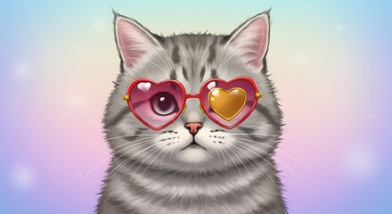Adorable close-up portrait of a tabby cat wearing heart-shaped sunglasses
