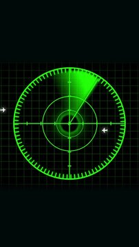 Futuristic radar scan animation vertical video green neon hud technology interface digital monitoring. Animated cyberpunk radar vertical video green neon display blip detection system seamless loop.