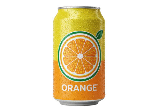 Chilled Orange Soda Can with Water Droplets on transparent Background