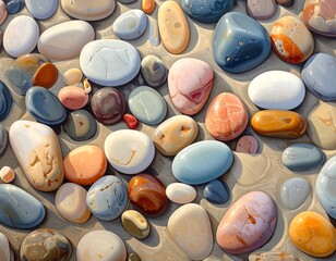 Close-up of smooth, colorful pebbles in a mosaic-like arrangement