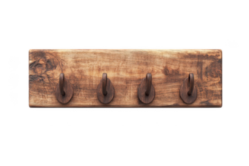Wooden coat rack with four hooks on a transparent background, rustic home decor and organization solution.
