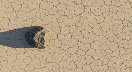 A solitary dark rock sits atop a cracked, light beige desert floor