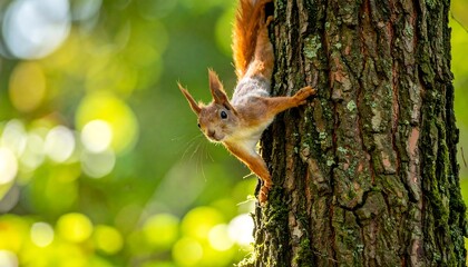 A curious rodent peers out from a tree hollow, with fluffy red fur and long whiskers, against a blurred green backdrop