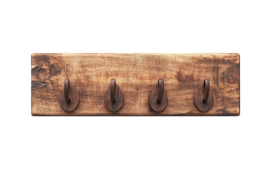 Wooden coat rack with four hooks on a transparent background, rustic home decor and organization solution.