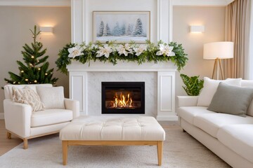 Obraz premium Living room fireplace decorated for cozy Christmas holiday