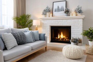 Obraz premium Cozy living room with burning fireplace for winter comfort