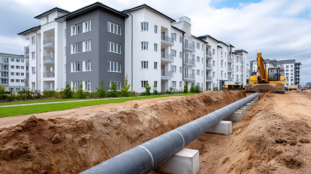 New residential district developing with pipeline infrastructure being installed